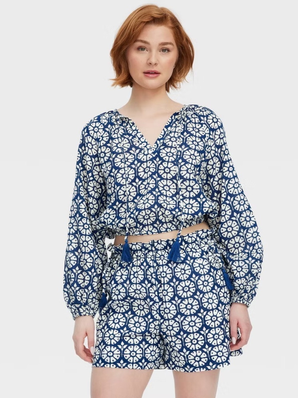 Roller Rabbit Women's Daisy Floral Long Sleeve Tie-Neck Boho Top Navy Blue NWT S